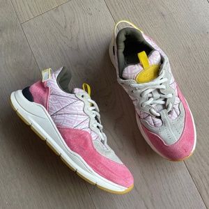 Fendi Pink Logo Suede Trainers, IT 37, US 6, Yellow Accent Womens Shoes